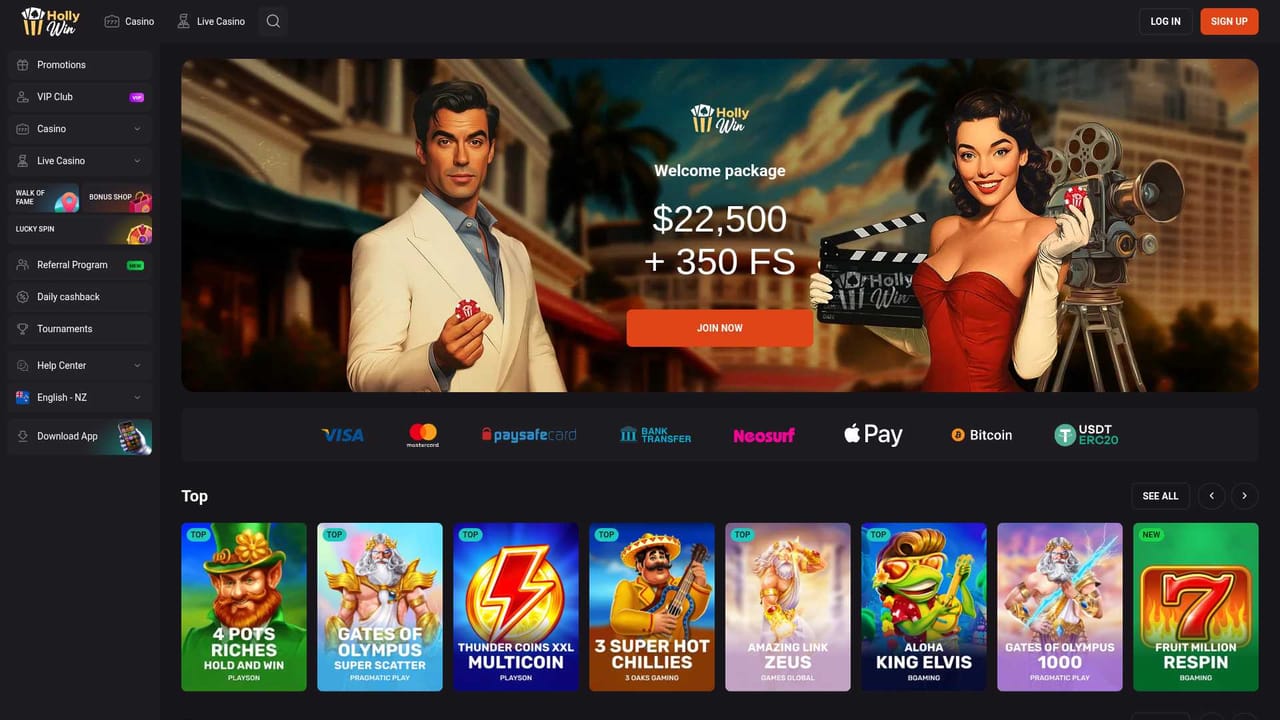 HollyWin lobby on desktop